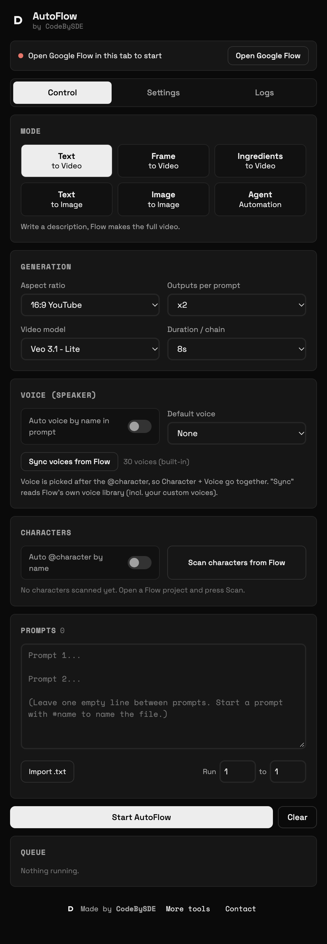 AutoFlow side panel with mode, generation and voice settings